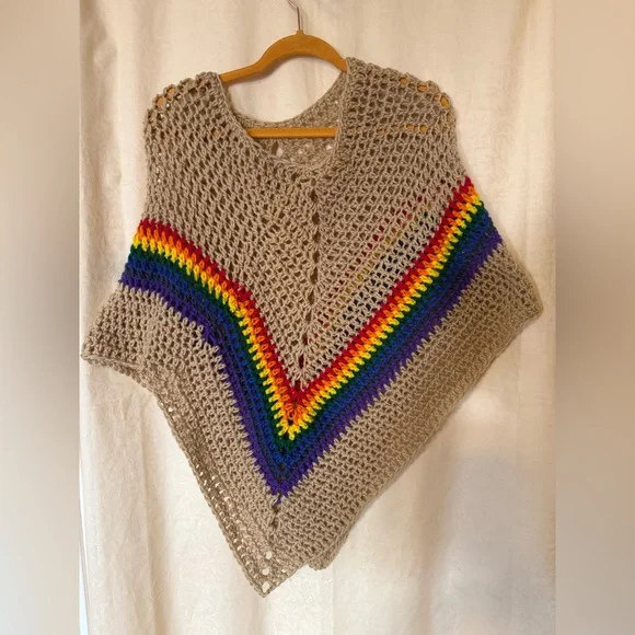 Crochet Poncho, Women’s sz Medium Tan & Rainbow Colors, Handmade Crochet Poncho - Picture 6 of 6
